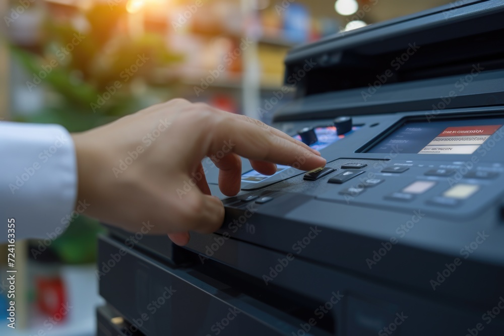 Poster a person pressing a button on a printer. suitable for illustrating office equipment and technology