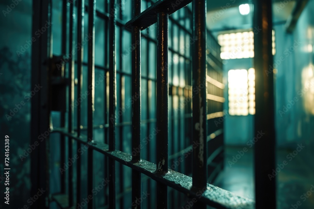 Poster a picture of a jail cell with bars and a window. this image can be used to depict incarceration, con