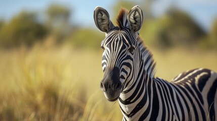 Fototapeta na wymiar A close-up view of a zebra standing in a field. This image can be used to depict wildlife, nature, or African safari themes