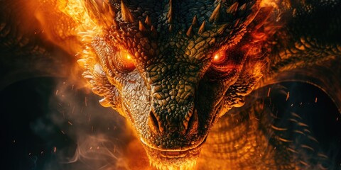 A close-up view of a fire breathing dragon. This image can be used to depict fantasy, mythology, or adventure themes
