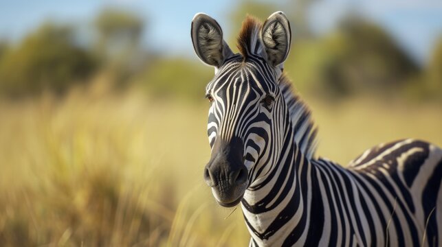 A close-up view of a zebra standing in a field. This image can be used to depict wildlife, nature, or African safari themes