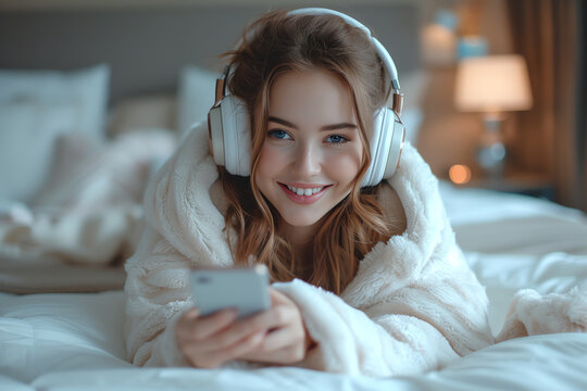 woman listening music at home, AI generated