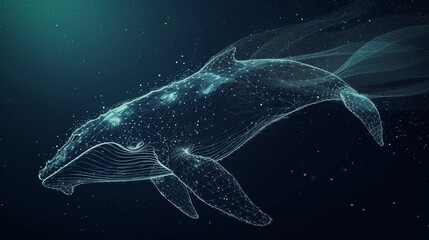 illustration of a whale in the style of digital wavy lines, dark blue background and green - obrazy, fototapety, plakaty