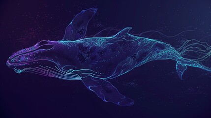 illustration of a whale in the style of digital wavy lines, dark blue background and green - obrazy, fototapety, plakaty