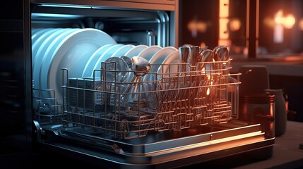 Industrial Dishwasher in Restaurant: Clean Dishes Close-Up - obrazy, fototapety, plakaty