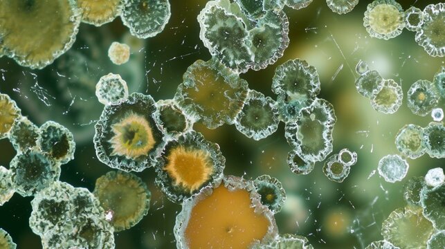 Green Penicillium mold under the microscope. Macro photography.