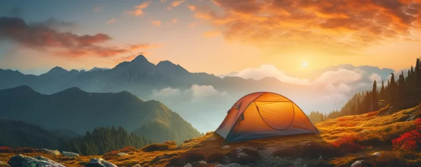  Camping tent at sunset light in beautiful mountains. nature camping theme © amazingfotommm