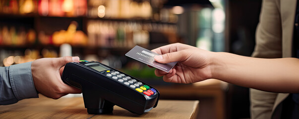 Hand using bank card and pay terminal in store.