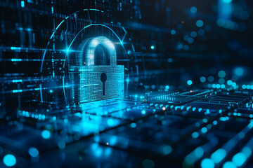 Cybersecurity Concept with Padlock Visualization on Digital Network