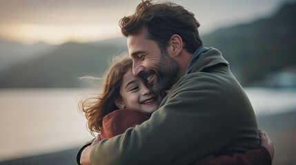 a father spends quality time with his child, sharing a heartwarming hug.