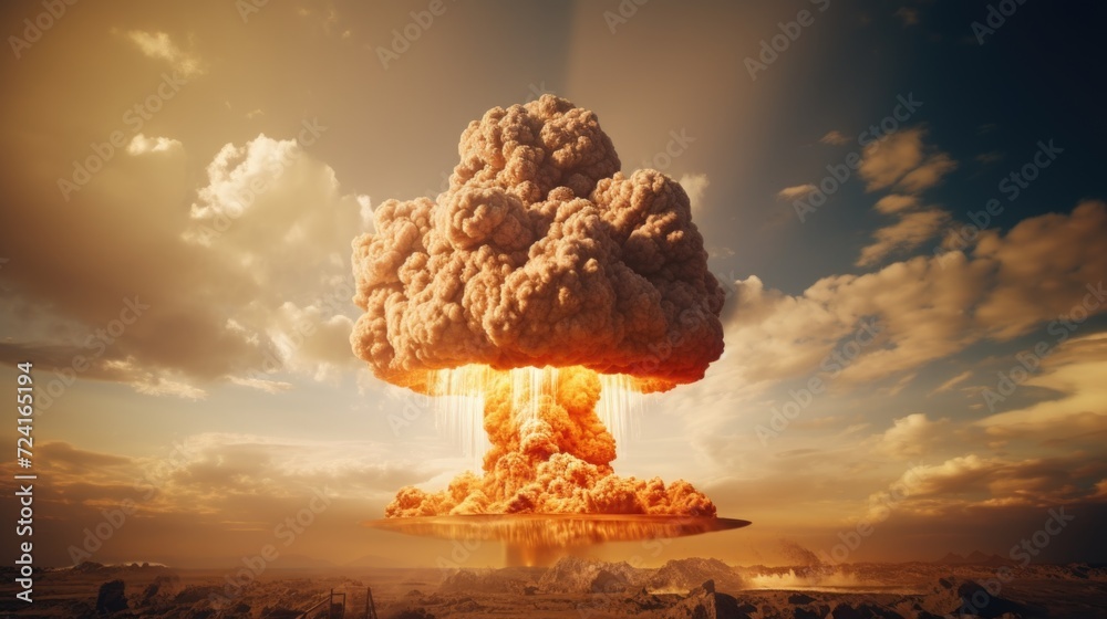 Poster A powerful image capturing a large mushroom cloud in the sky, representing a catastrophic event.