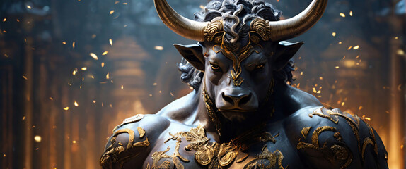 the intricate details of the Minotaur appearance. Its illusory gleam reflects a combination of silver and gold, giving it an ethereal and otherworldly presence. The Minotaur muscular body is adorn