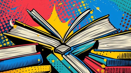 Books graphic background in comic pop art style, colorful comic abstract background template