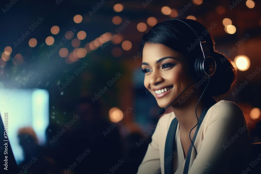 Poster a woman sitting in front of a computer wearing a headset, ready to provide customer service or work 