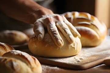 Closeup of a baker kneading flour dough for bread in natural light rough hands