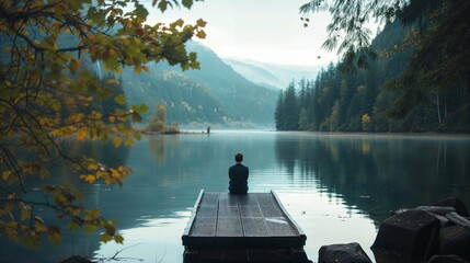 Person in solitude on a wooden dock overlooking a calm mountain lake surrounded by autumn foliage. - obrazy, fototapety, plakaty