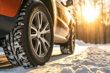 Naklejka premium Winter tire with detail of car tires in winter snowy season on the road covered with snow and morning sun light --ar 3:2 Job ID: 153be3bd-2846-4205-9b62-5ac6b569ba2e