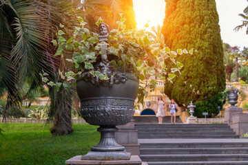 Decorative vases on a staircase in the Arboretum in Sochi. 