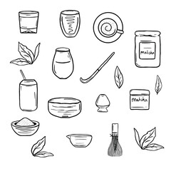 Doodle Matcha tea elements. Japanese tea illustrations set. Doodle green tea - 724165965