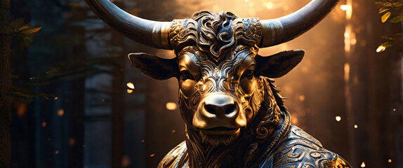 the intricate details of the Minotaur appearance. Its illusory gleam reflects a combination of silver and gold, giving it an ethereal and otherworldly presence. The Minotaur muscular body is adorn