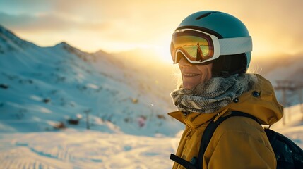 70 year old woman doing extreme sports, fully equipped helmet and goggles on snowboarding, setting sun in the mountains. - obrazy, fototapety, plakaty