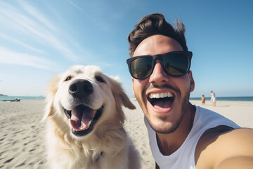 Happy man taking a selfie with her dog during a summer day on a beach