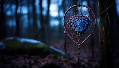 Blue Heart Hanging From a Tree in the Woods