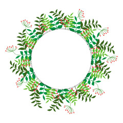 Vector spring card.
Frame of colored berries, branches and leaves around a white circle. Greeting card.