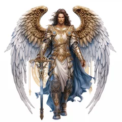 Deurstickers Archangel Michael in the clouds wearing armor and a sword. Powerful Holy Angel of God © Andrei