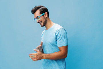 Portrait man smile fashion modern trendy beard background lifestyle glasses style blue