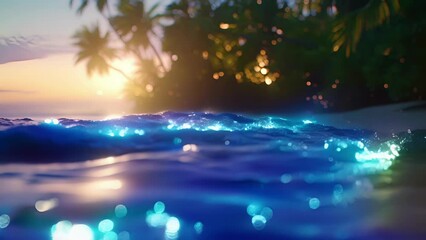 A serene beach scene with sparkling waves and palm trees swaying in the holographic breeze. - Powered by Adobe