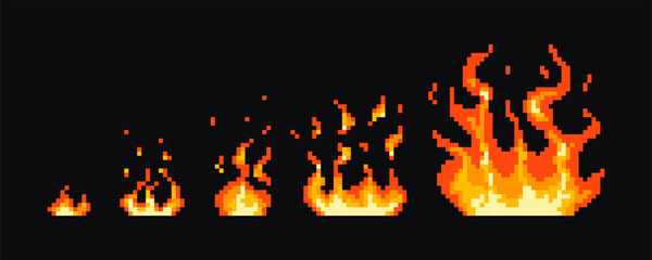 Stages of pixel fire ignition. Gaming pixel fire, explosion, flames. Steps of pixel flame ignition. © diluck