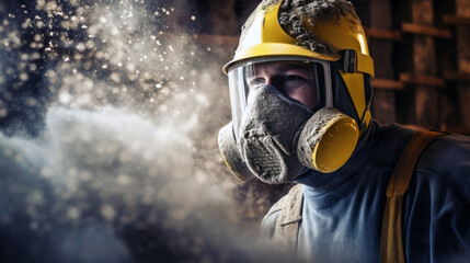 Professional construction worker wearing a high-grade dust mask, surrounded by lot of floating particles of glass wool dust in a construction site