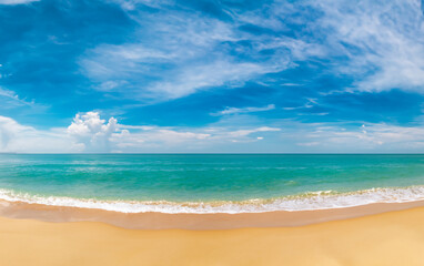 Fototapeta na wymiar tropical beach panorama, seascape with a wide horizon, showcasing the beautiful expanse of the sky meeting the sea 