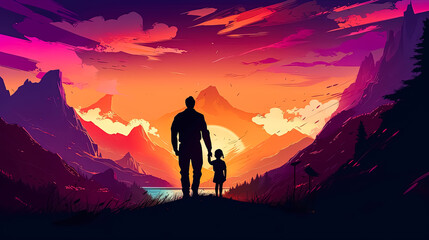 illustration of a father holding his child's hand against a mountainous backdrop - Powered by Adobe