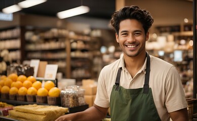 Happy Man Worker in Supermarket