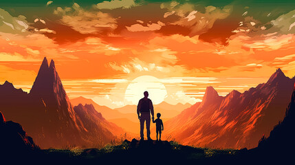 illustration of a father holding his child's hand against a mountainous backdrop - Powered by Adobe