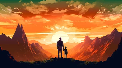 Foto op Canvas illustration of a father holding his child's hand against a mountainous backdrop © Алла Морозова