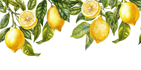 watercolor seamless border, frame in vintage style. lemons on the branches. isolated on white background - obrazy, fototapety, plakaty