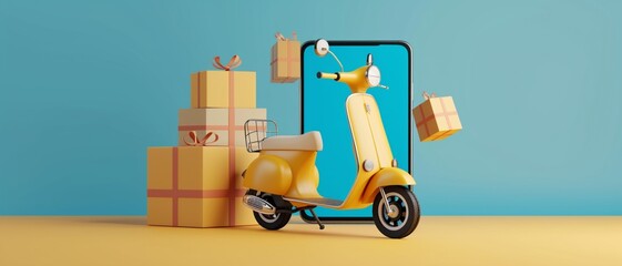Fast delivery concept with scooter coming with packages through the smartphone screen 3D Rendering, 3D Illustration