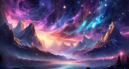Bright Purple and blue nebula with stars, Fantasy galaxy