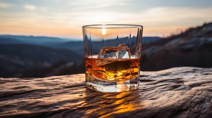 Whiskey with ice on top of a mountain at sunset.