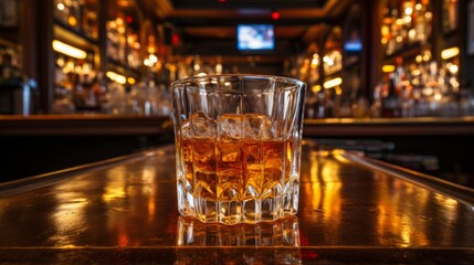 Whiskey on the rocks with ice in a glass on a bar counter