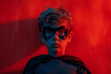 Boy in Superhero Pose with Dramatic Red Backdrop