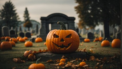 In the eerie ambiance of a Halloween graveyard, a pumpkin stands as a symbol of spooky festivities, casting a spectral glow amidst tombstones and darkness.