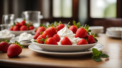 A tempting scene unfolds as plump strawberries nestle beside a dollop of luscious cream, creating a delightful tableau of summer's sweetness.