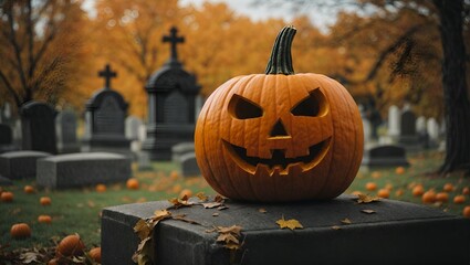In the eerie ambiance of a Halloween graveyard, a pumpkin stands as a symbol of spooky festivities, casting a spectral glow amidst tombstones and darkness.