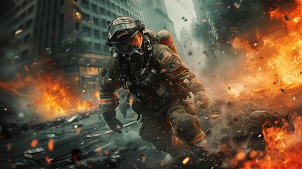 firefighter in an apocalyptic city fighting a fire, wearing a futuristic firefighter outfit.  