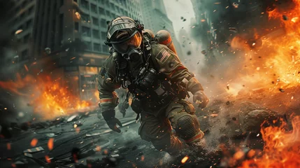 Foto op Plexiglas firefighter in an apocalyptic city fighting a fire, wearing a futuristic firefighter outfit.   © Zahid