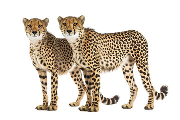 Two majestic cheetahs stand side by side, their sleek spotted coats and powerful snouts embodying the grace and strength of the wild felidae family on a stunning safari adventure